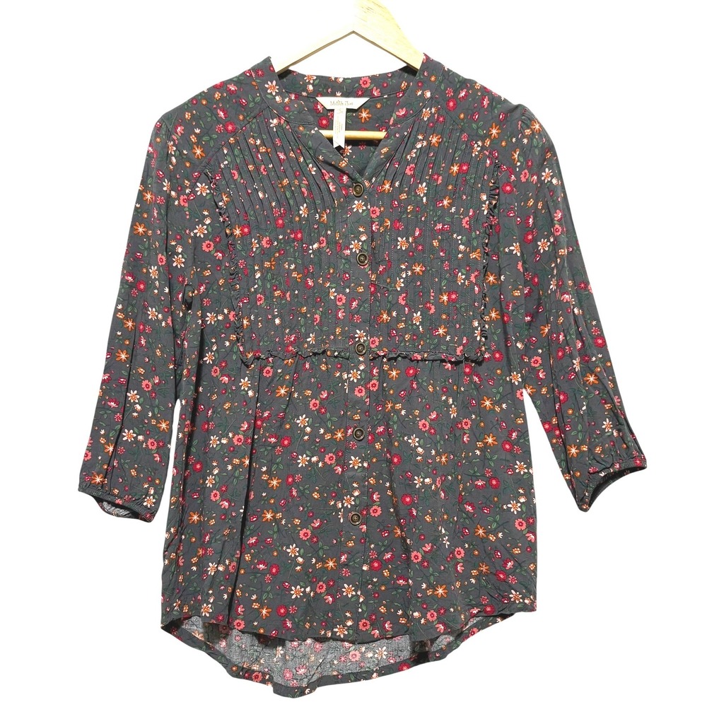 Matilda Jane‎ Womens Top S Gray Ditzy Floral Pintuck Button Front Tunic Blouse